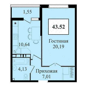 1 комнатная 43.52м²