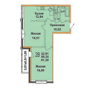 1 комнатная 61.3м²