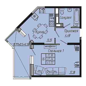 1 комнатная 41.72м²