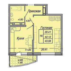 1 комнатная 43.58м²