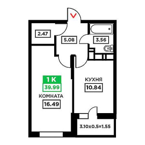 1 комнатная 39.99м²