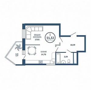 1 комнатная 51.32м²