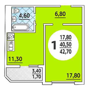 1 комнатная 42.7м²