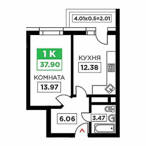 1 комнатная 37.9м²