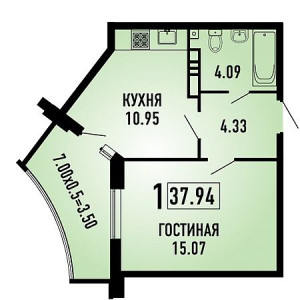 1 комнатная 37.94м²