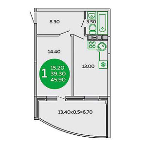 1 комнатная 45.9м²