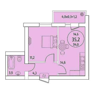 1 комнатная 35.2м²