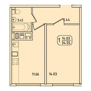 1 комнатная 34.55м²