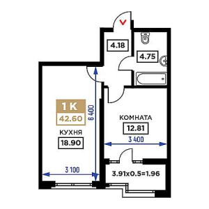 1 комнатная 42.6м²