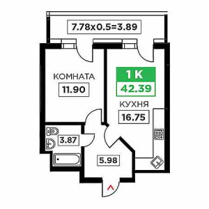 1 комнатная 42.39м²