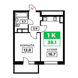 1 комнатная 38.1м²