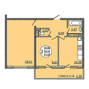 2 комнатная 51.5м²