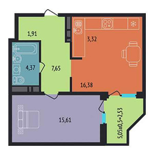 1 комнатная 51.77м²