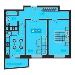 2 комнатная 57.44м²