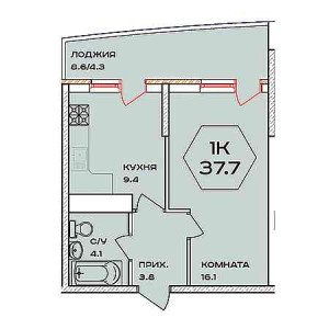 1 комнатная 37.7м²