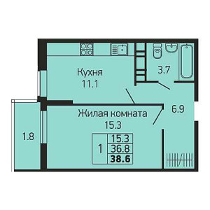 1 комнатная 38.6м²