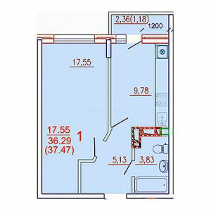 1 комнатная 37.47м²