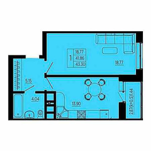 1 комнатная 43.3м²