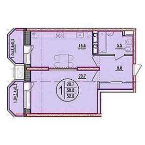 1 комнатная 52.8м²