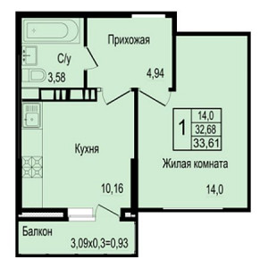 1 комнатная 33.61м²