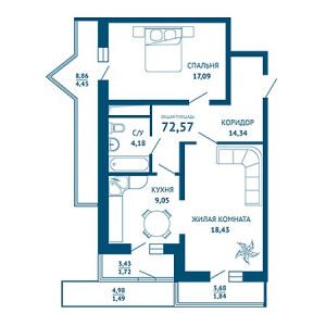 2 комнатная 72.57м²