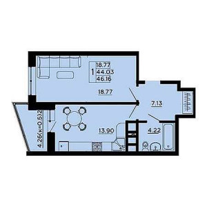 1 комнатная 46.16м²