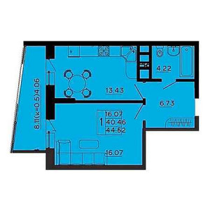 1 комнатная 44.52м²