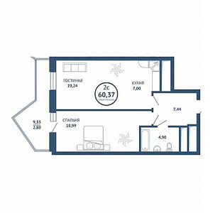 1 комнатная 60.37м²