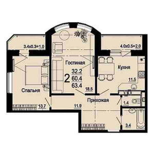 2 комнатная 63.4м²