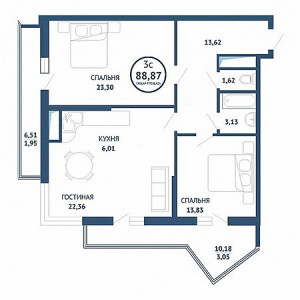 3 комнатная 88.87м²