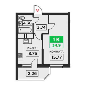 1 комнатная 34.9м²