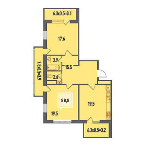 2 комнатная 88.8м²