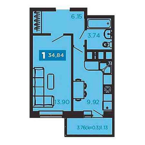 1 комнатная 34.82м²