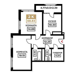 2 комнатная 68.83м²