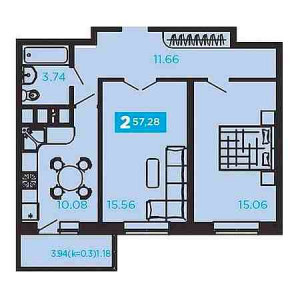 2 комнатная 57.28м²