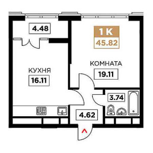 1 комнатная 45.82м²