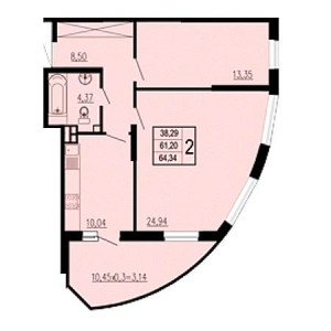 2 комнатная 64.34м²