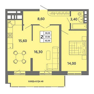 2 комнатная 62.3м²