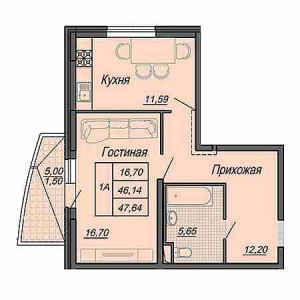 1 комнатная 47.64м²