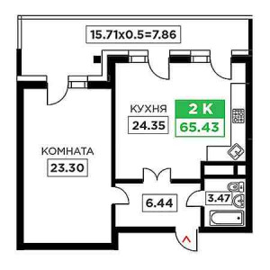 1 комнатная 65.43м²