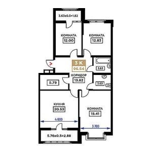 3 комнатная 96.54м²