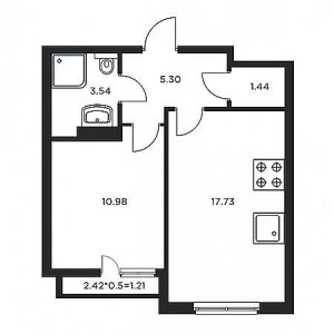 1 комнатная 40.02м²