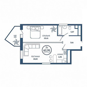 2 комнатная 62.91м²