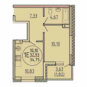 1 комнатная 34.75м²