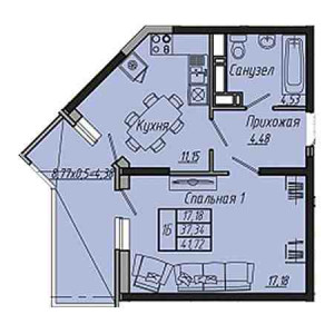 1 комнатная 41.72м²