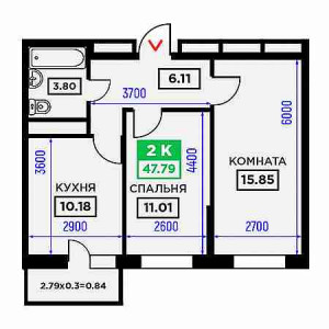 2 комнатная 47.79м²