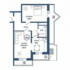 2 комнатная 70.56м²