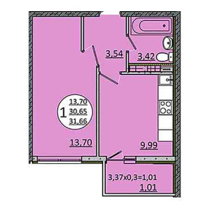 1 комнатная 31.66м²