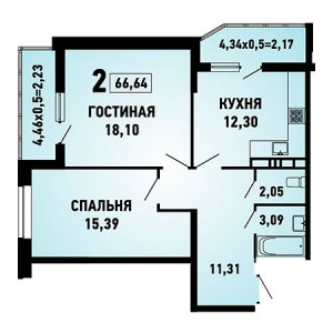 2 комнатная 66.64м²