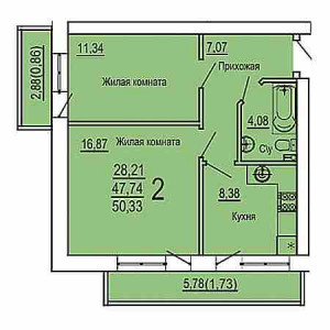 2 комнатная 50.33м²